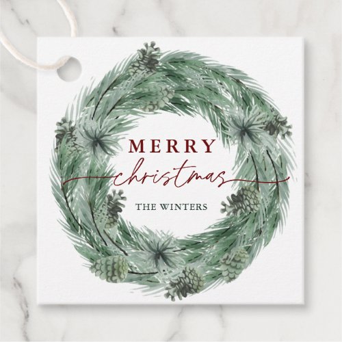 Pine Tree Wreath Merry Christmas Green  Red Favor Tags