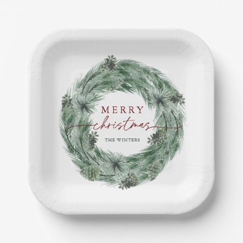 Pine Tree Wreath Merry Christmas Green  Red Paper Plates