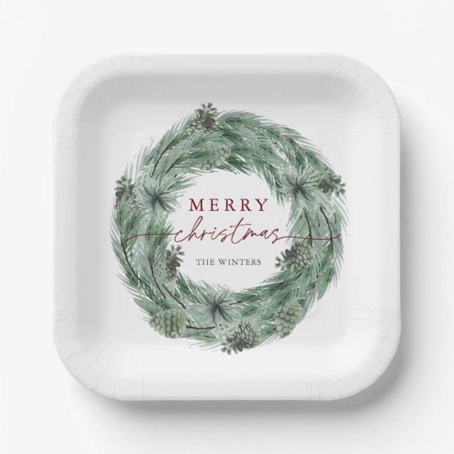 Pine Tree Wreath Merry Christmas Green & Red Paper Plates (Front)