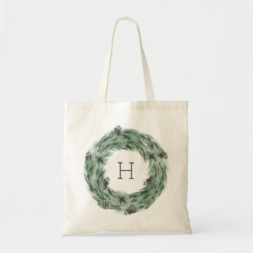 Pine Tree Wreath Monogram Tote Bag