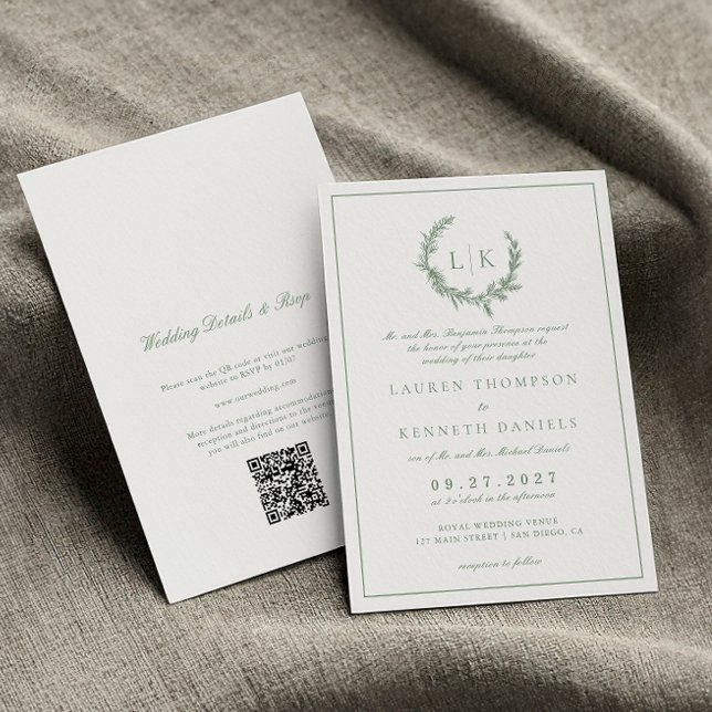 Pine Tree Wreath Sage Green QR Code Wedding Invitation (Creator Uploaded)