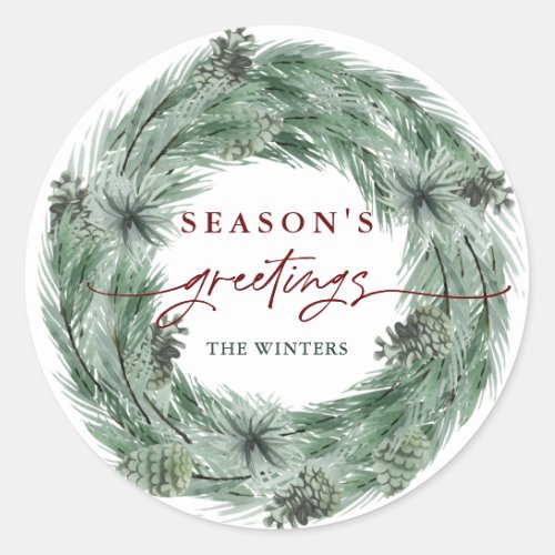 Pine Tree Wreath Seasons Greetings Classic Round Sticker