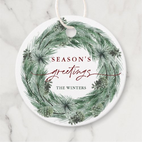 Pine Tree Wreath Seasons Greetings with QR Code Favor Tags
