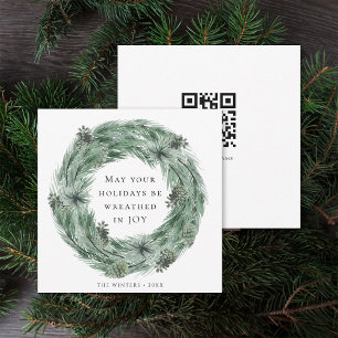Pine Tree Wreath Square Holiday Card with QR Code