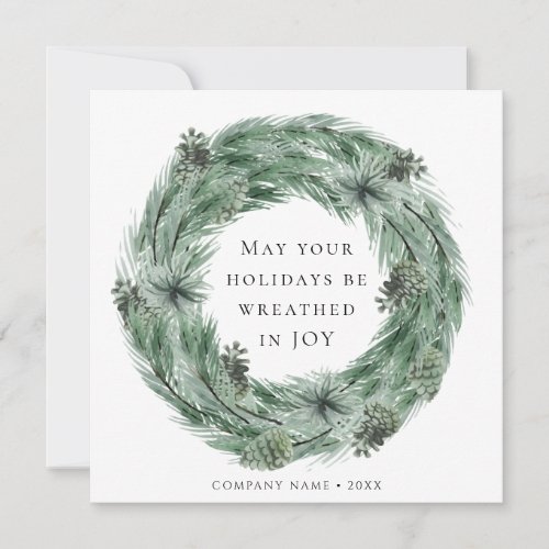 Pine Tree Wreath Square Holiday Card with QR Code