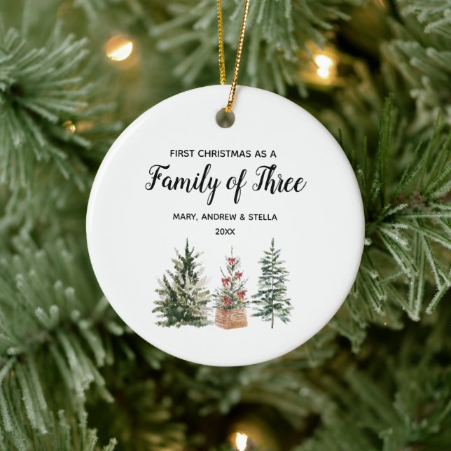 Pine Trees 1st Christmas as a Family of Three Ceramic Ornament (Tree)