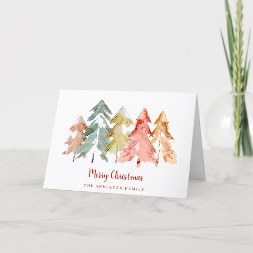 Pine Trees Abstract Watercolor Merry Christmas Holiday Card