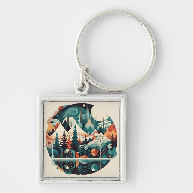 Pine trees and mountains, customizable keychain (Front)