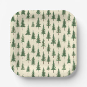 Pine Trees Beige Watercolor Christmas Holiday Paper Plates