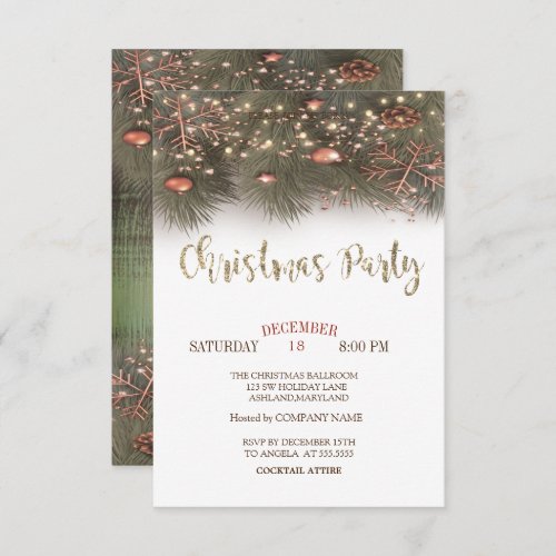 Pine Trees Branches Lights Balls Christmas Party Invitation