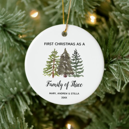 Pine Trees Christmas as a Family of Three Ceramic Ornament