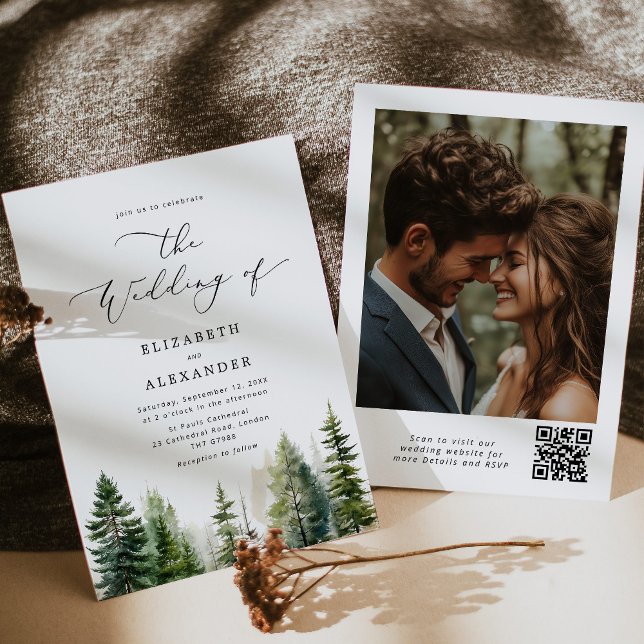 Pine trees elegant minimalist qr code wedding invitation (Creator Uploaded)