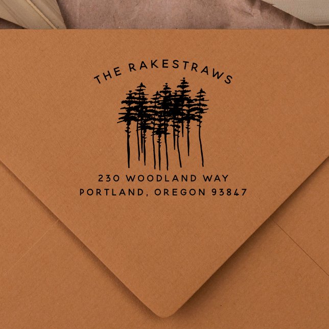 Pine Trees & Family Name Rustic Return Address Rubber Stamp (Rubber Stamp Mock-up)