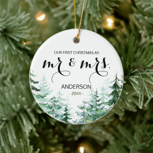 Pine Trees First Christmas as Mr and Mrs  Ceramic Ornament