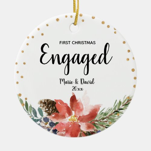 Pine Trees Flower First Christmas Engaged Ceramic Ornament