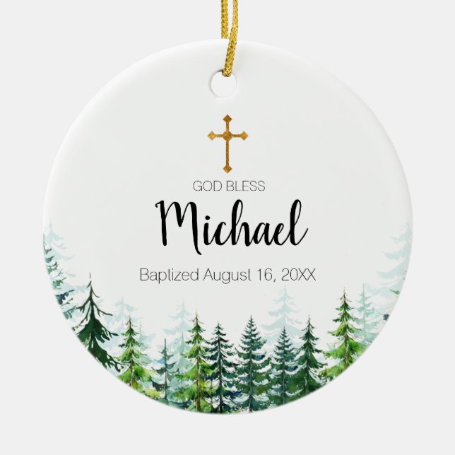Pine Trees Forest Baptism Ornament God Bless (Front)