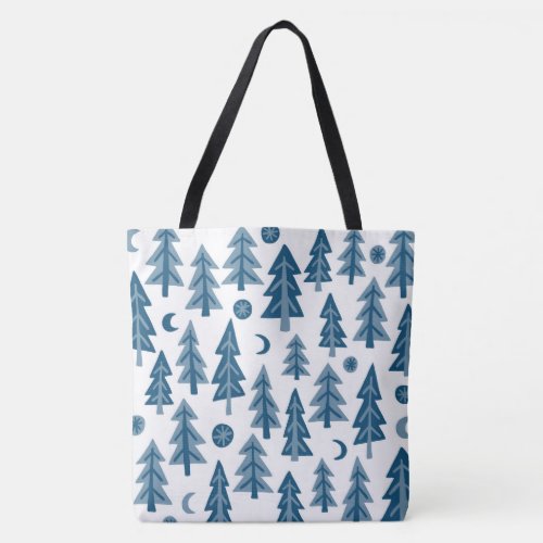 Pine Trees Forest Moon Stars Pattern Blue Tote Bag