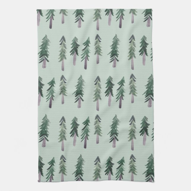 Pine Trees Forest Pattern Watercolor Green Kitchen Towel (Vertical)