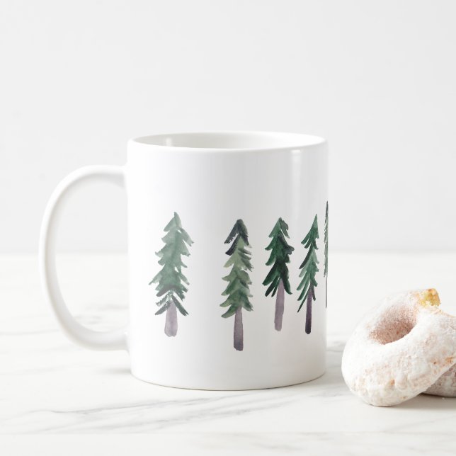Pine Trees Forest Watercolor Coffee Mug (With Donut)