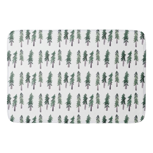 Pine Trees Forest Watercolor Pattern Bath Mat (Front)