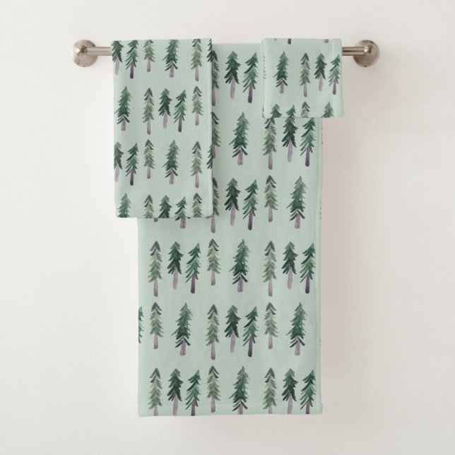 Pine Trees Forest Watercolor Pattern Bath Towel Set (Insitu)
