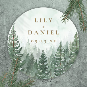 Pine Trees Forest Woodland Adventure Wedding Favor Classic Round Sticker