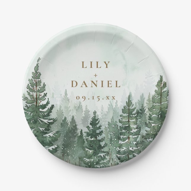 Pine Trees Forest Woodland Adventure Wedding Paper Plates (Front)