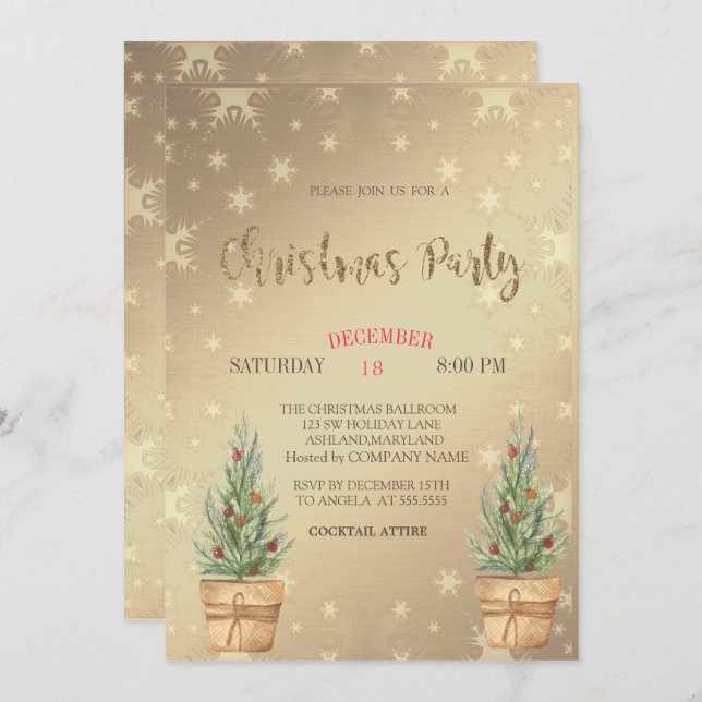 Pine Trees, Gold Christmas Party  Invitation (Front/Back)