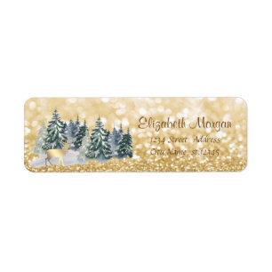 Pine Trees,Gold Deer,Glittery Bokeh Label