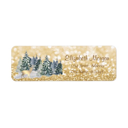 Pine TreesGold DeerGlittery Bokeh  Label