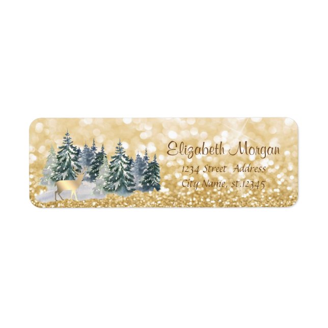 Pine Trees,Gold Deer,Glittery Bokeh  Label (Front)