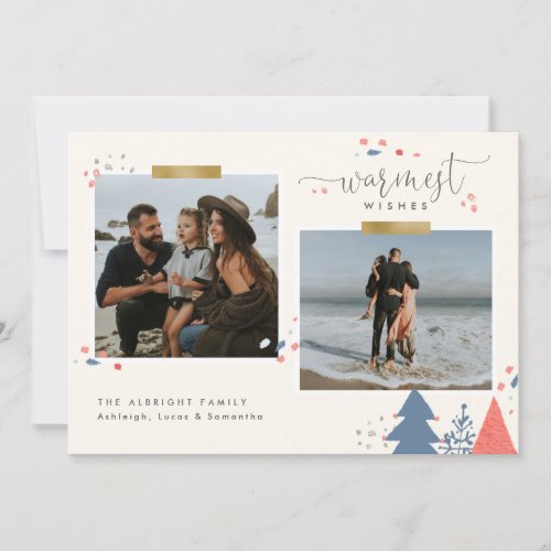 Pine Trees Gold Tape Warmest Wishes Two Photo Holiday Card