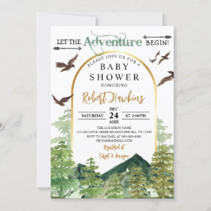 Pine Trees Let the Adventure Begin Baby Shower Invitation