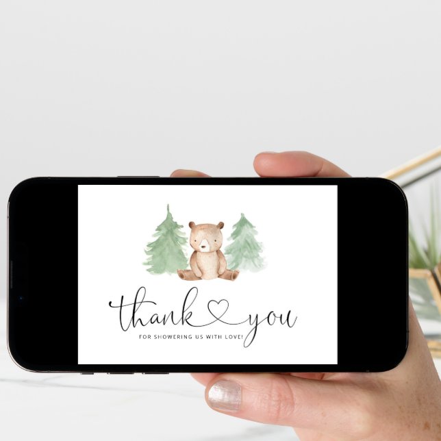 Pine trees little bear baby shower thank you card (Front Digital)