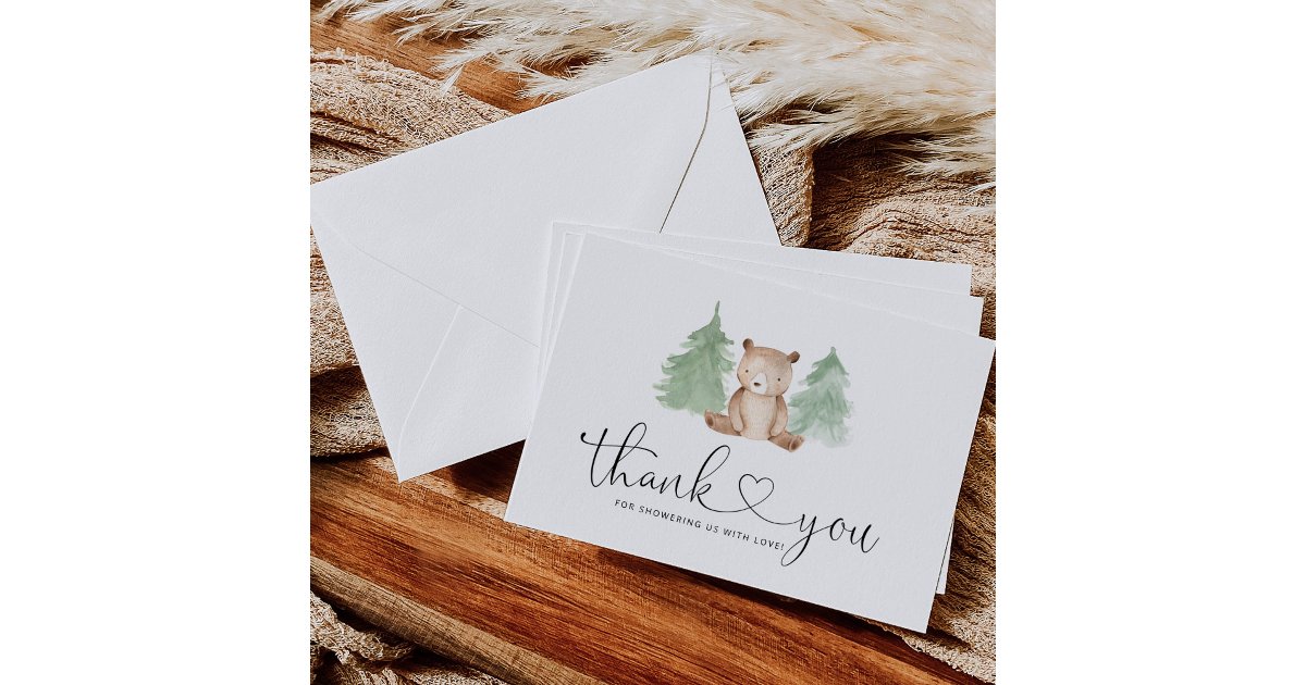 Pine trees little bear baby shower thank you card | Zazzle