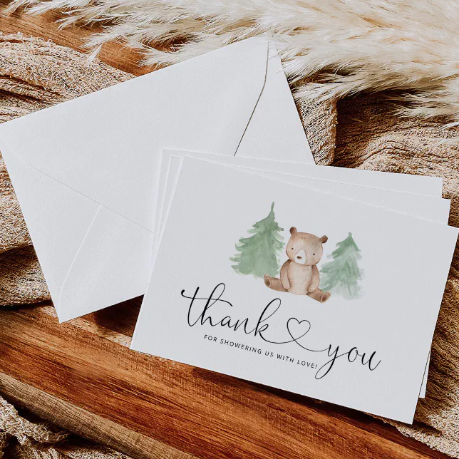 Pine trees little bear baby shower thank you card | Zazzle