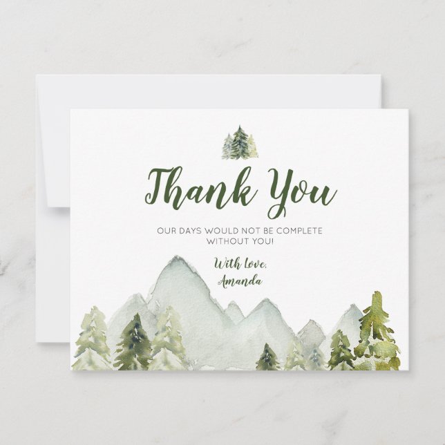 Pine Trees Mountain Adventure Baby Shower Thank You Card (Front)