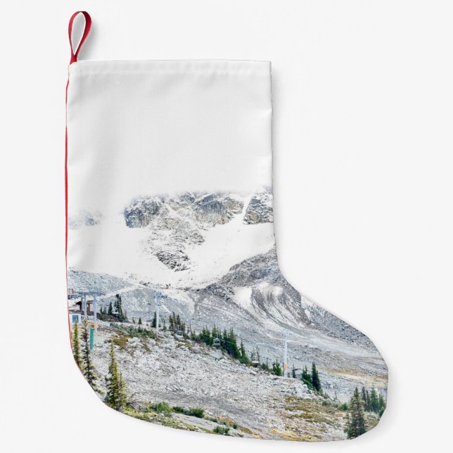 PINE TREES NEAR MOUNTAIN COVERED WITH SNOW SMALL CHRISTMAS STOCKING (Front)