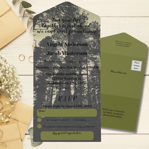 Pine Trees Olive Green Autumn Wedding  All In One Invitation