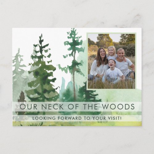 Pine Trees Our Neck of the Woods Photo Moving Announcement Postcard