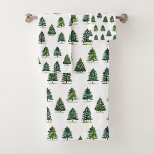 Pine trees pattern Christmas Green Watercolor Bath Towel Set