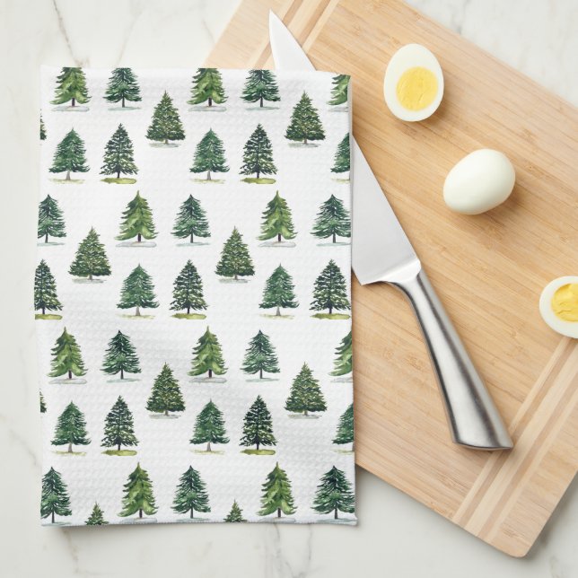 Pine trees pattern Christmas Green Watercolor Kitchen Towel (Quarter Fold)