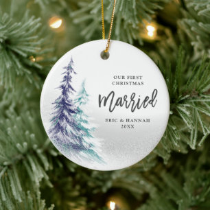 Pine Trees Personalized First Christmas Married Ceramic Ornament