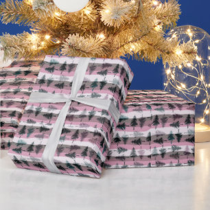 Pine Trees Pink White Gray Stripes Christmas Wrapping Paper