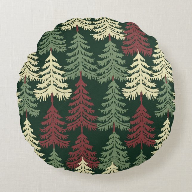 Pine Trees Red Green  Round Pillow (Front)