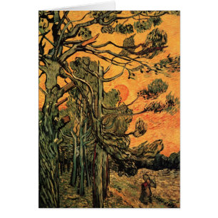 Pine Trees Red Sky Setting Sun by Vincent van Gogh Cards