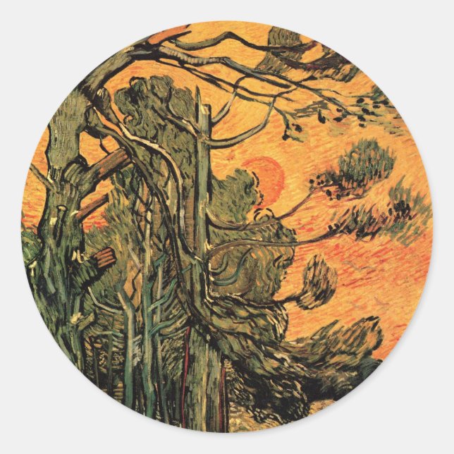 Pine Trees Red Sky Setting Sun by Vincent van Gogh Classic Round Sticker (Front)
