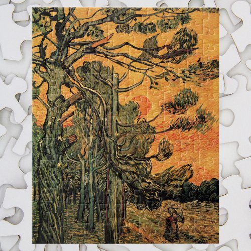 Pine Trees Red Sky Setting Sun by Vincent van Gogh Jigsaw Puzzle