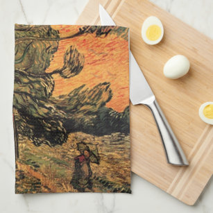 Pine Trees Red Sky Setting Sun by Vincent van Gogh Kitchen Towel