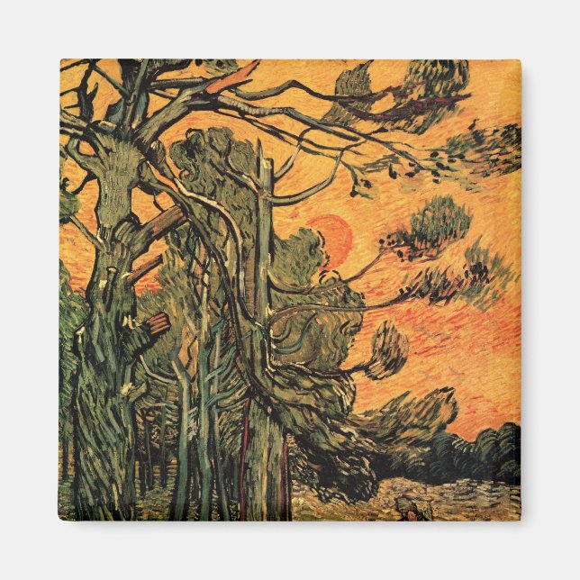 Pine Trees Red Sky Setting Sun by Vincent van Gogh Magnet (Front)